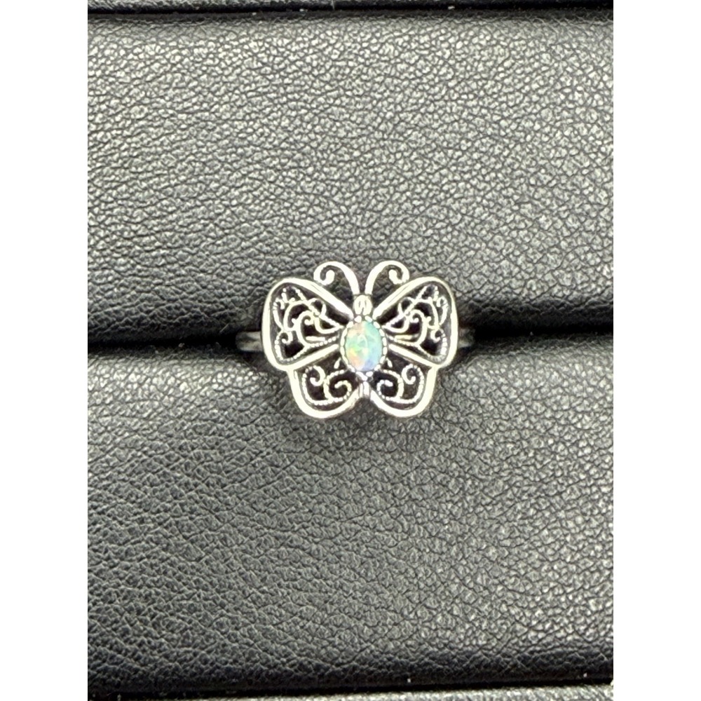 New Condition Sterling Silver Lab Opal Butterfly Ring Size 7